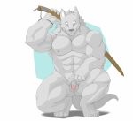  abs anthro balls canid canine canis casual_nudity feet fingers flaccid fur genitals hi_res humanoid_genitalia humanoid_hands humanoid_penis male mammal muscular muscular_anthro muscular_male navel nipples nude pecs penis ricecakekain simple_background solo tail wolf 