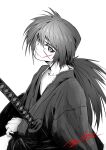  1boy absurdres closed_mouth collarbone commentary cross_scar denjyou23 elbow_rest greyscale hair_between_eyes highres himura_kenshin japanese_clothes katana kimono long_hair long_sleeves looking_at_viewer low_ponytail male_focus monochrome rurouni_kenshin scar scar_on_cheek scar_on_face sheath sheathed signature solo spot_color sword upper_body weapon white_background wide_sleeves 