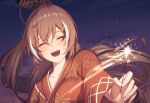  1girl ahoge blush brown_hair erezu feather_hair_ornament feathers fireworks hair_ornament hairclip highres holding_fireworks holocouncil hololive hololive_english japanese_clothes kimono long_hair multicolored_hair nanashi_mumei night night_sky open_mouth orange_kimono ponytail sky smile solo sparkler star_(sky) streaked_hair very_long_hair virtual_youtuber 