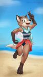  absurd_res anthro beach breasts canid canine clothing dungeons_of_aether female fleet_(dungeons_of_aether) footwear fox gesture green_eyes happy hi_res mammal masteroflasagna one-piece_swimsuit paws rivals_of_aether sandals scarf sea seaside signature sky solo standing swimwear toy v_sign water 