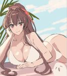  1girl bikini blue_sky brown_eyes brown_hair cherry_blossoms cloud cowboy_shot flower hair_flower hair_ornament kantai_collection kasumi_(skchkko) long_hair looking_at_viewer lying on_side ponytail sky smile solo swimsuit unfinished white_bikini yamato_(kancolle) 