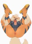  anthro anus arcanine backsack balls bodily_fluids butt canid clothing erection footwear footwear_only fur generation_1_pokemon genitals hi_res humanoid_genitalia humanoid_penis legs_up looking_at_viewer lying male mammal mostly_nude muscular muscular_anthro muscular_male nintendo nipples on_back orange_body orange_fur penetration penis perineum pokemon pokemon_(species) presenting presenting_anus rossciaco shoes shoes_only simple_background sneakers sneakers_only solo spread_legs spreading sweat white_background 