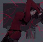  1girl absurdres ada_wong belt black_hair buckle english_commentary glowing_veins highres red_eyes resident_evil resident_evil_4 resident_evil_4_(remake) short_hair sweater tricarthemis weapon 