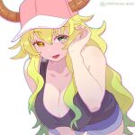  1girl bare_shoulders baseball_cap black_tank_top blonde_hair blush breasts cleavage collarbone denim denim_shorts dragon_girl dragon_horns gradient_hair green_eyes green_hair hat heavy_breathing heterochromia horns horns_through_headwear kobayashi-san_chi_no_maidragon large_breasts leaning_forward lucoa_(maidragon) multicolored_hair open_mouth pink_headwear shorts simple_background slit_pupils tank_top twitter_username white_background yellow_eyes yellow_pupils yonezawa_mao 