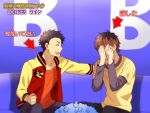  2boys black_hair brown_hair closed_eyes fingernails hands_on_own_face idolmaster idolmaster_side-m jacket kimura_ryu layered_sleeves long_sleeves male_focus multiple_boys open_clothes open_jacket open_mouth orange_shirt shiron_(shiro_n) shirt short_over_long_sleeves short_sleeves sitting takajo_kyoji teeth upper_teeth_only yellow_shirt 