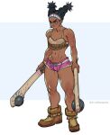 1girl adapted_costume black_hair brown_eyes bunches club_(weapon) commentary crop_top cutoffs dark-skinned_female dark_skin dual_wielding earrings english_commentary flat_chest full_body highres holding holding_club jewelry lily_(street_fighter) medium_hair moccasins muscular muscular_female native_american pink_shorts pogamoggan shorts solo spaghetti_strap standing street_fighter street_fighter_6 tassel thick_thighs thighs twintails wallace_pires weapon 