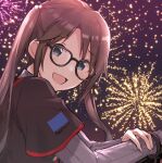  1girl aerial_fireworks black-framed_eyewear black_hair black_shirt blue_eyes blush breasts dot_nose fireworks from_side glasses grey_sleeves hair_bobbles hair_ornament hands_up hanetsuka highres holding_own_arm idolmaster idolmaster_shiny_colors long_hair long_sleeves looking_at_viewer mitsumine_yuika open_mouth shirt small_breasts smile solo twintails upper_body 