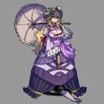  1girl adapted_costume blonde_hair blue_eyes brown_headwear commentary dress english_commentary flower gap_(touhou) grey_background highres holding holding_umbrella juliet_sleeves kaibootsu long_hair long_sleeves looking_at_viewer parasol puffy_sleeves purple_dress rose simple_background touhou umbrella white_flower white_rose yakumo_yukari 