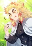 1boy :q blonde_hair cape closed_mouth demon_slayer_uniform food forked_eyebrows highres holding holding_food kimetsu_no_yaiba long_hair male_focus multicolored_hair onigiri open_mouth orange_eyes red_hair remsor076 rengoku_kyoujurou tongue tongue_out two-tone_hair 
