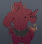  2023 anthro barazoku black_bottomwear black_clothing black_shorts bottomwear bulge canid canid_demon clothed clothing cuff_(restraint) demon digital_media_(artwork) fire flaming_tail front_view fur hand_on_hip hellhound hi_res horrorbuns looking_at_viewer male mammal metal_cuffs muscular muscular_anthro muscular_male nipples pecs portrait red_body red_fur restraints shackles shorts solo tail three-quarter_portrait topless 