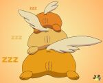  2023 anus artist_logo butt butt_stack female feral fur generation_9_pokemon genitals group logo nintendo orange_background orange_body orange_fur pawmi pawmo pawmot pichu90 pokemon pokemon_(species) pussy rear_view simple_background sleeping sound_effects trio vowelless vowelless_sound_effect zzz 