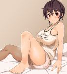  1girl absurdres animal_print arm_support bare_shoulders barefoot bed_sheet blush breasts brown_background brown_eyes brown_hair cleavage closed_mouth dot_nose from_side gorohati grey_nails highres idolmaster idolmaster_cinderella_girls idolmaster_cinderella_girls_starlight_stage knees_up large_breasts looking_at_viewer nail_polish oikawa_shizuku on_bed pillow print_shirt shirt short_hair shorts sitting sleeveless sleeveless_shirt smile solo toes white_shirt white_shorts 