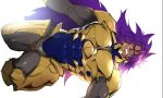  1boy bara bhima_(fate) bhima_(third_ascension)_(fate) bodysuit bodysuit_under_clothes covered_abs covered_navel dark-skinned_male dark_skin fate/grand_order fate_(series) full_body grin highres l_m00g large_pectorals long_hair looking_at_viewer male_focus midair muscular muscular_male pectorals purple_eyes purple_hair sideways smile solo thick_eyebrows thick_thighs thighs very_long_hair white_background 