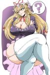  1girl ? blonde_hair breasts cleavage commentary_request crossed_legs hat hat_ribbon hide-yamato highres large_breasts long_hair mob_cap one-hour_drawing_challenge purple_background red_ribbon ribbon solo spoken_question_mark thighhighs thighs touhou white_headwear white_thighhighs yakumo_yukari yellow_eyes 