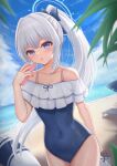  1girl bag bare_shoulders blue_archive blue_bow blue_one-piece_swimsuit blue_sky blurry blurry_background blush bow breasts cellphone cleavage cloud commentary_request covered_navel day depth_of_field frilled_one-piece_swimsuit frills grey_hair hair_bow hand_up highres holding holding_bag holding_phone horizon long_hair miyako_(blue_archive) miyako_(swimsuit)_(blue_archive) nezumi_(09261377) ocean off-shoulder_one-piece_swimsuit off_shoulder one-piece_swimsuit outdoors phone plastic_bag ponytail purple_eyes sidelocks sky small_breasts solo swimsuit transparent very_long_hair 