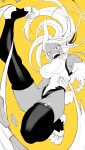 1girl :d absurdres animal_ears bare_shoulders boku_no_hero_academia breasts covered_navel crescent_print dark-skinned_female dark_skin floating_hair full_body fur_collar gloves greyscale_with_colored_background high_kick highleg highleg_leotard highres kicking koyap large_breasts leg_up leotard long_eyelashes long_hair looking_at_viewer midair mirko open_mouth parted_bangs rabbit_ears rabbit_girl rabbit_tail sleeveless_turtleneck_leotard smile solo tail taut_leotard thick_thighs thighhighs thighs toned v-shaped_eyebrows white_gloves white_hair white_leotard yellow_background 