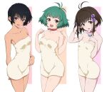  3girls :d ahoge antenna_hair black_hair breasts brown_eyes character_request choker cleavage collarbone commentary_request crossover farah_oersted green_hair jewelry kiikii_(kitsukedokoro) looking_at_viewer medium_breasts multiple_girls naked_towel necklace pink_choker purple_eyes reala_(tales) rutee_katrea short_hair small_breasts smile standing tales_of_(series) tales_of_asteria tales_of_destiny tales_of_destiny_2 tales_of_eternia tan towel very_short_hair 