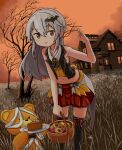  1girl 1other ankimo_(tokino_sora) bat_hair_ornament black_vest brown_eyes brown_sky commentary cookie english_commentary flat_chest food grey_hair hair_between_eyes hair_ornament halloween_bucket hololive house leaning_forward long_hair midriff miniskirt navel official_alternate_costume official_alternate_hair_color pie red_skirt sixten skirt smile stuffed_animal stuffed_toy tall_grass teddy_bear thighhighs tokino_sora tree vest 