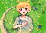  1girl animal blonde_hair blue_shirt collarbone dragon_horns dragon_tail horns itomugi-kun kicchou_yachie looking_at_viewer open_mouth red_eyes shirt short_hair short_sleeves smile solo tail touhou turtle turtle_shell upper_body yellow_horns 