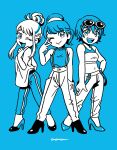  alternate_hairstyle blue_background blue_hair blue_theme contrapposto crop_top hair_bun hairband hand_on_own_hip hashimoto_nyaa high-waist_pants high_heels highres index_finger_raised inuyama_kinko monochrome navel one_eye_closed open_mouth osomatsu-san overalls pants ponytail puffy_sleeves simple_background single_hair_bun smile softowel suspenders suspenders_slip track_pants v yowai_totoko 