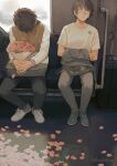  2boys animal_print bag black_hair black_pants blush bouquet cat_print driftwoodwolf grey_pants holding holding_bouquet long_sleeves looking_down looking_to_the_side male_focus multiple_boys original pants petals scenery shirt sitting train train_interior white_footwear white_shirt window yaoi 