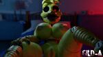  3d_(artwork) animatronic anthro avian bed breasts digital_media_(artwork) female five_nights_at_freddy&#039;s five_nights_at_freddy&#039;s_4 furniture genitals gild-a hi_res looking_at_viewer machine nightmare_chica_(fnaf) nipples pussy robot scottgames sharp_teeth solo teeth 