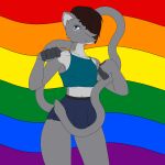  absurd_res anthro bite_mark_on_neck bite_mark_on_shoulder bottomwear caxy caxy_creations clothed clothing crossdressing david_seltz hi_res hybrid lgbt_pride long_tail male pride_color_background pride_colors scar simple_background skirt smile solo tail 