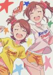  2girls ^_^ arm_up blush bow brown_hair closed_eyes closed_mouth cowboy_shot dolphin_shorts dot_nose futami_ami futami_mami hair_bow hair_ornament hair_scrunchie hand_up highres holding holding_water_gun idolmaster idolmaster_(classic) idolmaster_million_live! idolmaster_million_live!_theater_days long_hair midriff_peek multiple_girls navel open_mouth orange_shorts pink_scrunchie print_shirt scrunchie shirt short_hair short_sleeves shorts siblings side_ponytail sisters smile standing starry_background teeth twins upper_teeth_only wanoji water_gun white_background white_shirt yellow_shirt 