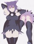  1girl :3 animal_ears ass ass_visible_through_thighs bare_shoulders black_dress black_headwear black_panties black_thighhighs blair_(soul_eater) breasts cat_ears cat_girl cleavage closed_mouth covered_nipples detached_sleeves dress flipped_hair hair_between_eyes half-closed_eyes halloween highres impossible_clothes inkerton-kun large_breasts looking_at_viewer multiple_views naughty_face panties purple_hair skin_tight solo soul_eater thighhighs underwear upskirt witch yellow_eyes 