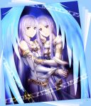  2girls ancient_ys_vanished angel_wings blue_hair bob_cut breasts detached_sleeves dress feena_(ys) hair_between_eyes highres hug light_blue_hair long_hair multiple_girls parted_bangs purple_eyes reah_(ys) scarf siblings sidelocks signature sisters small_breasts twins wings xiacheng_tatsuya ys 