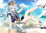  1girl beach blue_eyes blue_hair blue_sky blush bracelet cropped_shirt hair_ornament highres hololive hololive_indonesia indonesian_clothes jewelry kobo_kanaeru kobo_kanaeru_(3rd_costume) long_hair looking_at_viewer lynnear multicolored_hair official_alternate_costume official_alternate_hairstyle open_mouth ponytail salute sitting sky sleeveless smile solo teeth two-finger_salute two-tone_hair upper_teeth_only virtual_youtuber wedge_heels white_hair 