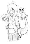  2023 anthro arauk black_and_white clothing dinosaur eyelashes female freckles freckles_on_tail hair hand_puppet hoodie judee long_hair long_tail looking_at_viewer monochrome patch_(fabric) reptile scalie smile snoot_game snout solo stitch_(sewing) tail tail_tuft topwear tuft 