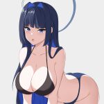  ass bare_shoulders bikini blue_eyes blue_hair breasts cleavage hanging_breasts highres hololive hololive_english huge_ass huge_breasts leaning_forward long_hair ouro_kronii shy stomach swimsuit virtual_youtuber zeropen 