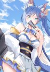  1girl absurdres animal_ear_fluff animal_ears aqua_eyes azur_lane bare_shoulders blue_hair blue_sky bow bowtie breasts cleavage cleavage_cutout clothing_cutout cloud detached_sleeves dress extra_ears fox_ears fox_girl hair_ornament hand_fan highres holding holding_fan japanese_clothes jintsuu_(azur_lane) long_hair looking_at_viewer miniskirt neck_ribbon obi pleated_skirt ribbon sash skirt sky solo swept_bangs wide_sleeves yoru_(user_vewa8437) 