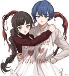  1boy 1girl apron blood blue_eyes blue_hair blush braid braided_ponytail brown_hair flesh green_eyes heart highres hug library_of_ruina long_hair looking_at_viewer love_mintchoco merry_(library_of_ruina) open_mouth parted_lips project_moon red_sweater simple_background smile sweater tommy_(library_of_ruina) turtleneck turtleneck_sweater very_long_hair white_apron white_background 