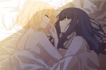  2girls absurdres after_sex black_hair blonde_hair breasts closed_eyes commentary english_commentary fafayu hickey highres inoue_takina large_breasts long_hair looking_at_another lycoris_recoil lying multiple_girls nishikigi_chisato nude on_bed on_side parted_lips purple_eyes short_hair sidelocks smile sunlight under_covers upper_body yuri 