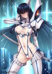  1girl adsouto black_hair blue_eyes breasts collarbone hand_on_own_chest highres holding holding_sword holding_weapon junketsu kill_la_kill kiryuuin_satsuki long_hair medium_breasts navel revealing_clothes sheath sheathed signature solo standing sword very_long_hair weapon 