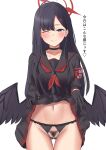  1girl ;d absurdres armband ass_visible_through_thighs black_gloves black_hair black_panties black_serafuku black_wings blue_archive blush breasts clothes_lift commentary_request feathered_wings female_pubic_hair gloves grin groin halo highres ichika_(blue_archive) lace-trimmed_panties lace_trim lifted_by_self long_hair long_sleeves looking_at_viewer median_furrow medium_breasts multiple_views navel neckerchief one_eye_closed panties pubic_hair red_armband red_halo red_neckerchief school_uniform see-through_panties serafuku simple_background skirt skirt_lift smile stomach straight_hair thigh_gap thong translation_request underwear very_long_hair white_background wings zintaro 