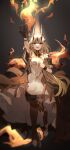  1girl :d ahoge arknights arm_up black_gloves black_pantyhose black_shirt blonde_hair commentary_request dress fire flower gloves glowing goma_74umai grey_background grey_eyes hair_between_eyes hair_flower hair_ornament highres horns long_hair outstretched_arm pantyhose reed_(arknights) reed_the_flame_shadow_(arknights) shirt shoes short_sleeves smile solo very_long_hair walking white_dress white_flower white_footwear wide_sleeves 
