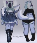  2023 anthro biped black_clothing blue_clothing clothing florence_(wolfertinger) fur gas_mask grey_body grey_clothing grey_ears grey_fur grey_hair grey_tail hair hi_res mammal mask mephitid multicolored_body multicolored_ears multicolored_fur purple_ears signature skunk solo two_tone_body two_tone_ears two_tone_fur two_tone_tail underwear wolfertinger 