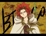  1boy akaboshi_bisco bow_(weapon) brown_scarf character_name closed_mouth collarbone facial_tattoo frown goggles goggles_on_head green_eyes hooded_robe ikuris letterboxed male_focus red_hair robe sabikui_bisco scarf spiky tattoo upper_body weapon weapon_on_back white_robe 