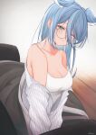  1girl absurdres bare_shoulders blue_eyes blue_hair blue_wings blush breasts closed_mouth collarbone elira_pendora english_commentary glasses hair_between_eyes head_wings heterochromia highres indoors light_smile long_hair long_sleeves looking_at_viewer medium_breasts multicolored_hair nijisanji off-shoulder_sweater off_shoulder parkiranhonda purple_eyes red_eyes shirt sidelocks signature smile solo spaghetti_strap strap_gap sweater twitter_username v_arms very_long_hair virtual_youtuber white_background white_shirt white_sweater wings 