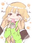  1boy 1girl amezawa_koma blonde_hair blush cheek_pull commentary_request eating food futaba_anzu green_jacket highres idolmaster idolmaster_cinderella_girls jacket long_hair long_sleeves looking_at_viewer low_twintails mochi open_clothes open_jacket pink_shirt pov producer_(idolmaster) shirt sketch solo_focus twintails white_background 
