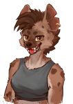  2023 absurd_res anthro brown_body brown_ears brown_fur brown_hair brown_nose clothed clothing color_fox fangs female fur grey_clothing grey_topwear hair hi_res hyena mammal open_mouth red_tongue solo teeth tongue topwear 