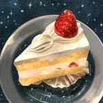  cake food food_focus fruit icing no_humans original plate reflection sky star_(sky) starry_sky still_life strawberry strawberry_shortcake tsukimi_tsumugu 