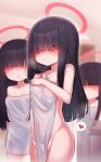  3girls ass black_hair blue_archive blush breasts closed_mouth hair_over_eyes halo heart highres justice_task_force_member_(blue_archive) long_hair mochikushi multiple_girls naked_towel red_eyes red_halo small_breasts spoken_heart towel white_towel 