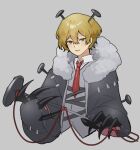  1boy absurdres blonde_hair collared_shirt dokgo_die_docta_(d_o_t) e.g.o_(project_moon) fur-trimmed_jacket fur_trim grey_jacket grey_sweater_vest hair_between_eyes highres holding holding_nail jacket limbus_company looking_at_viewer nail necktie parted_lips paw_sleeves project_moon red_necktie shirt sinclair_(limbus_company) solo string sweater_vest upper_body white_shirt yellow_eyes 