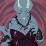  abstract_background anthro blue_body breasts ceratopsian claws cleavage clothed clothing deervvitch dinosaur dress facial_horn female finger_claws fingerless_gloves frill_(anatomy) gloves handwear herm_(lore) horn jewelry necklace nose_horn ornithischian reptile scalie simple_background solo spots triceratops yellow_eyes 