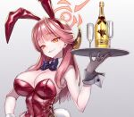  1girl animal_ears aru_(blue_archive) blue_archive bottle bow bowtie breasts champagne_flute cleavage cup detached_collar drinking_glass fake_animal_ears fake_tail gradient_background halo hand_on_own_hip holding horns large_breasts leotard long_hair looking_at_viewer matsuryuu orange_eyes pink_hair playboy_bunny rabbit_ears rabbit_tail red_leotard simple_background solo strapless strapless_leotard sweat tail tray upper_body wrist_cuffs 