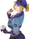  1girl baseball_cap blonde_hair blue_eyes blue_gloves blue_jacket breasts cleavage coffee_cup cropped_jacket cup disposable_cup doughnut eyewear_on_head final_fight fingerless_gloves food gloves hat highres jacket lucia_morgan nishinb police police_uniform policewoman solo street_fighter street_fighter_v uniform white_background 